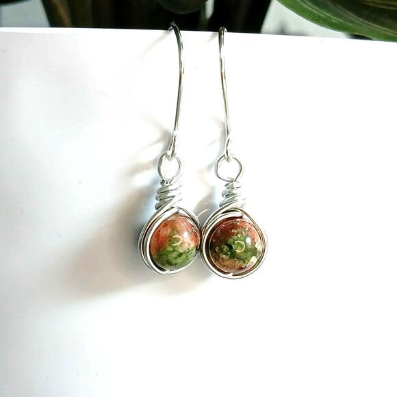 Unakite Crystal Dangle Drop Earrings, Gemstone Jewelry, Boho Chic 1.5" - Picture 1 of 4